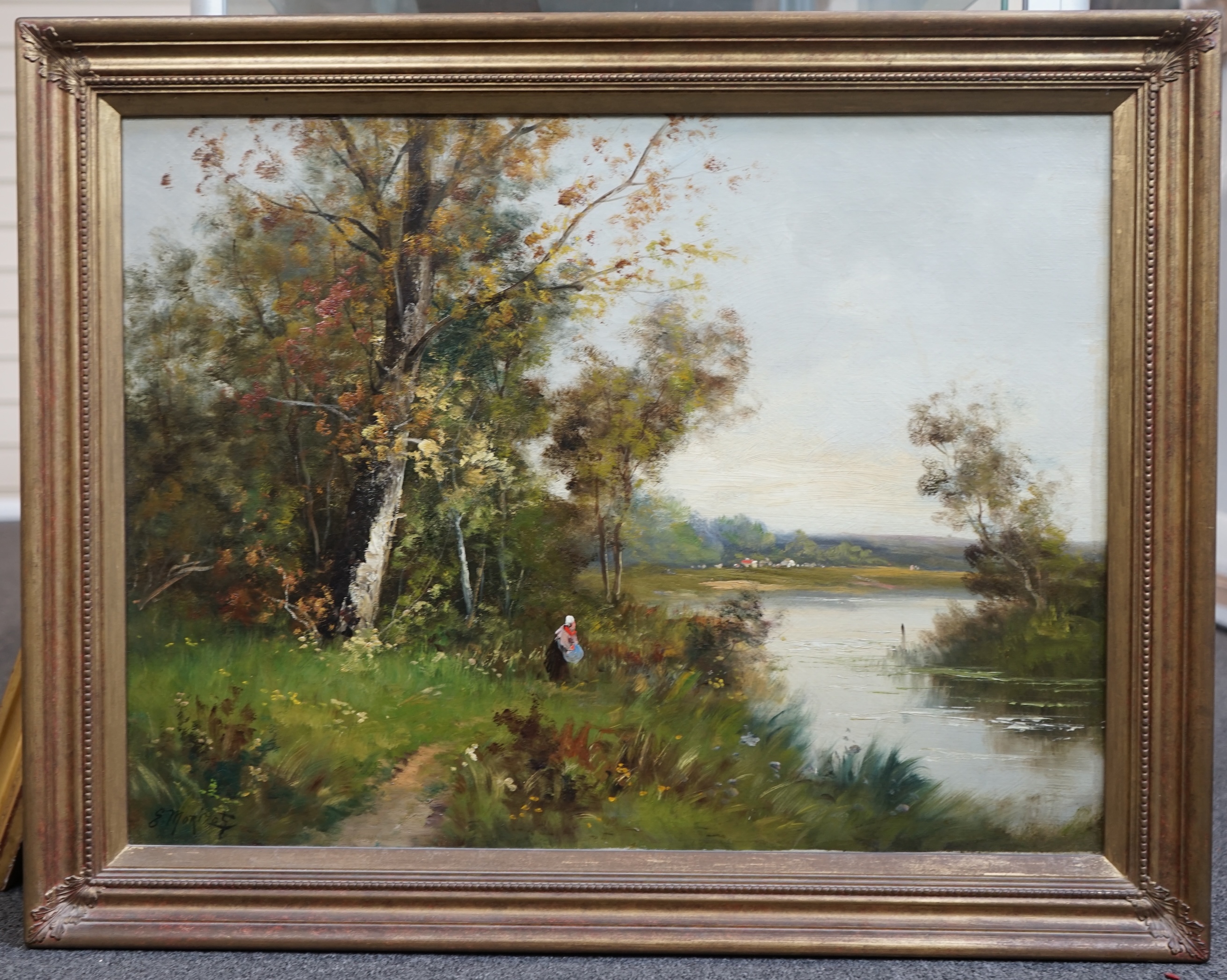Edma Morisot Pontillon (French, 1839-1921), Riverscape and Landscape, oil on canvas, a pair, 48 x 64cm